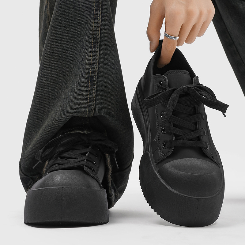 2026 Winter Commuting Leather Low-top Wear-resistant Shoes Black Thick-soled Height-increasing Sports Casual Sneakers