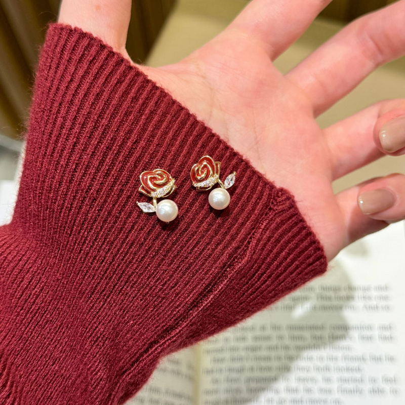 925 Silver Needle Pearl Sparkling Diamond Red Rose Earrings, Feminine Temperament, Light Luxury, Versatile, Niche Earrings