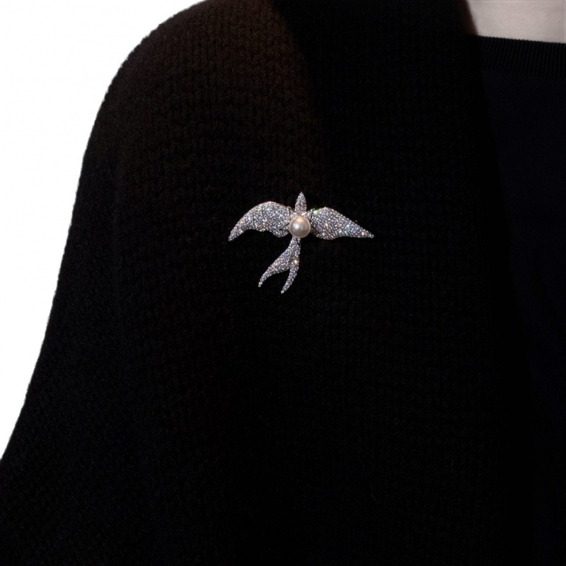 Pearl Full Diamond Bird Brooch Temperament Niche Sweater Brooch High-End Chest Flower
