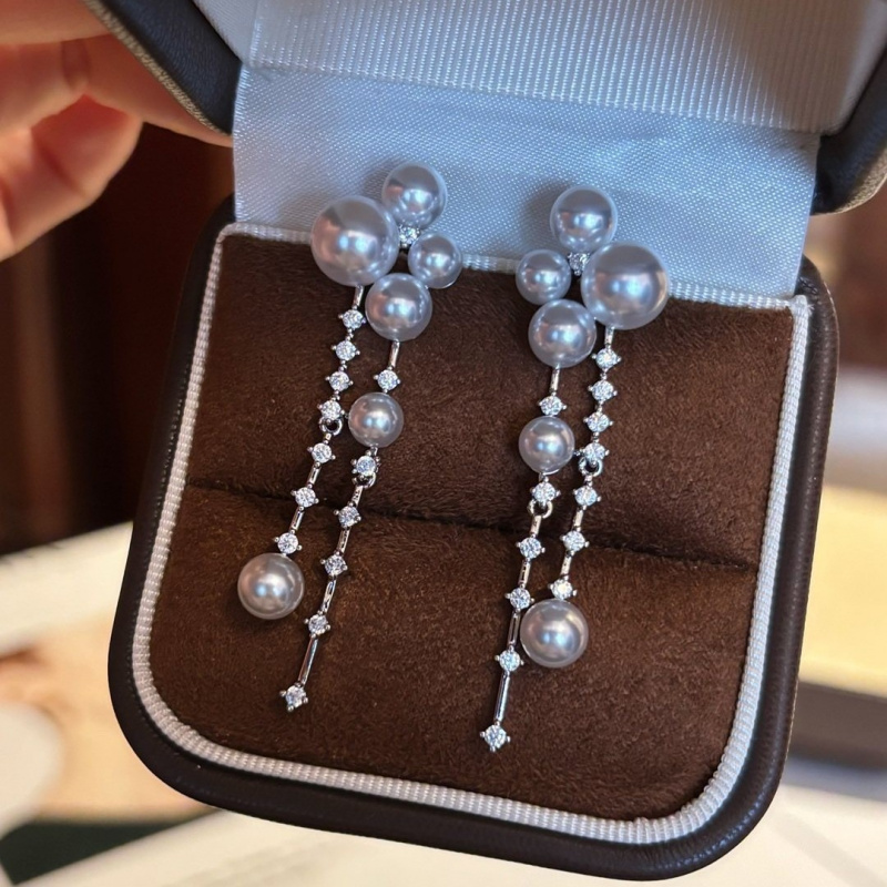 Pearl Full Zirconium Tassel Earrings For Women With A High-End And Elegant Temperament
