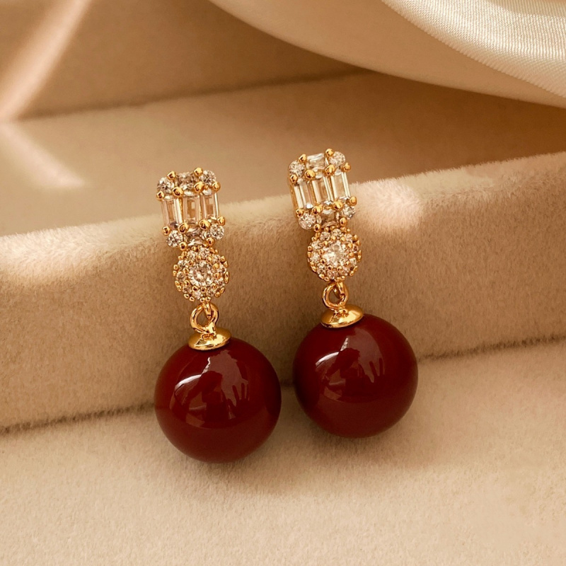 Silver Needle Red Ma Medium Long Flash Diamond Light Luxury Women's New Year Earrings