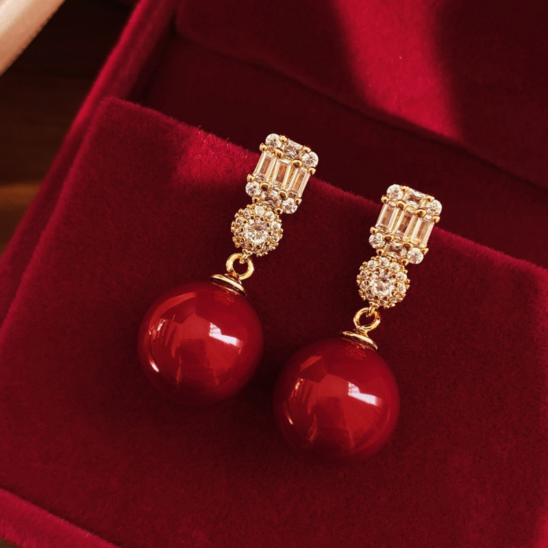 Silver Needle Red Ma Medium Long Flash Diamond Light Luxury Women's New Year Earrings