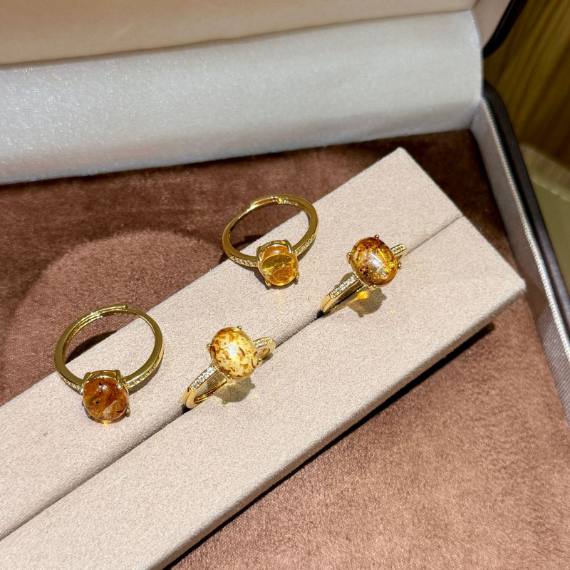 2026 Elliptical Natural Amber Gold Sparkling Diamond Open Ring For Women, Simple And Casual, Light Luxury Finger Ring