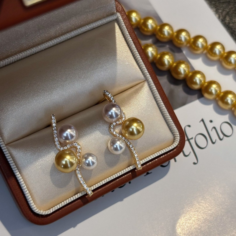 925 Precision Silver Needle Color-Block Shijia Pearl Full Diamond Curve Bubble Earrings for Women High-End Niche Design Earrings