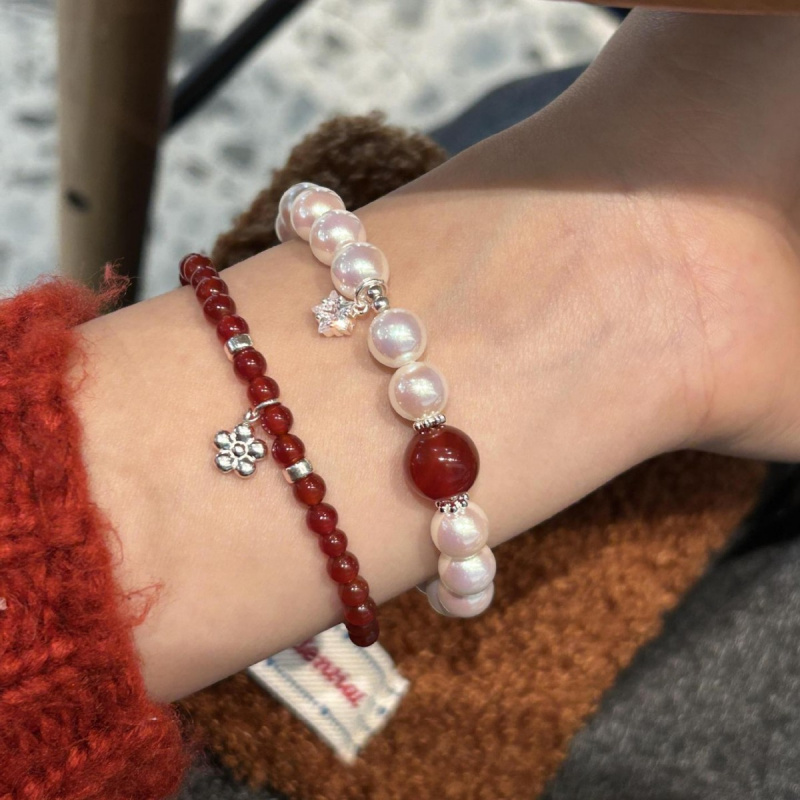 Pearl Splicing Red Agate Sparkling Zirconia Star Bracelet, Women
