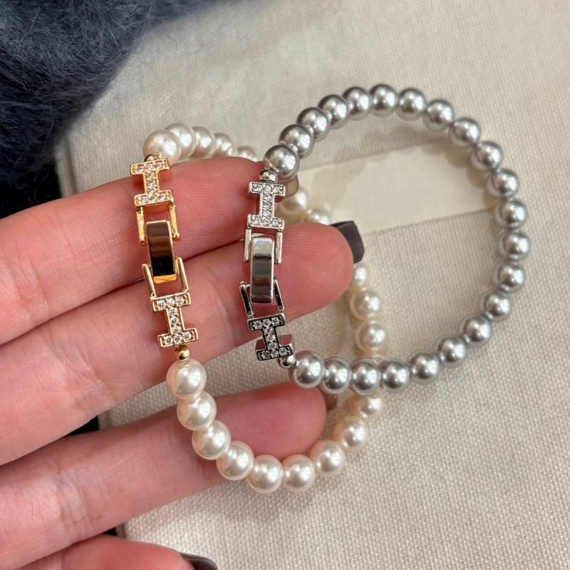 Female Temperament Versatile High-End Light Luxury Pearl Full Diamond Double H-Buckle Bracelet