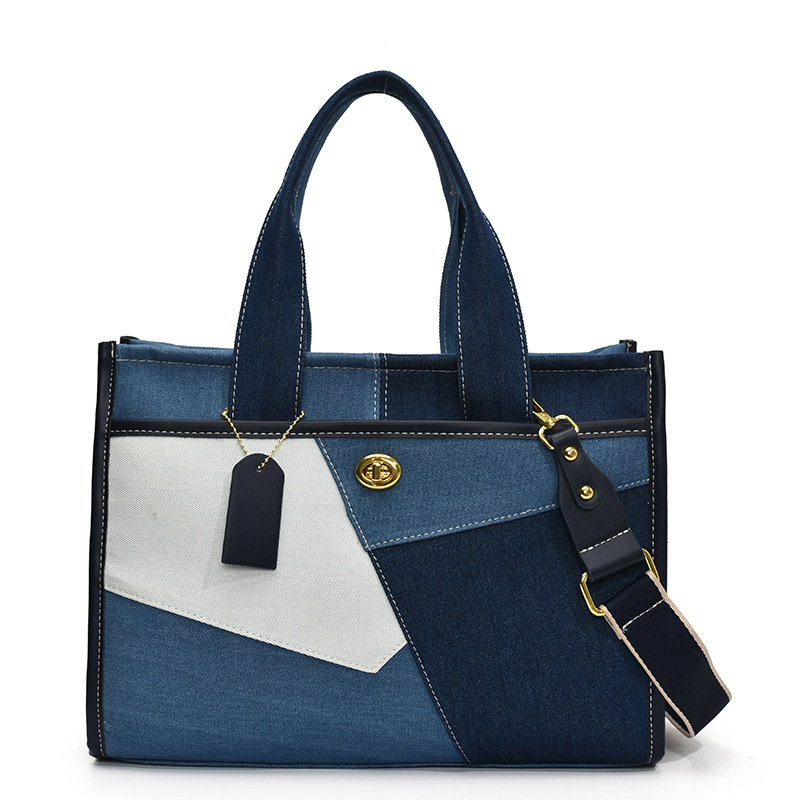 Women's New Denim Contrasting Splicing Hand-Held Tote Bag, Casual Commuting Shoulder Crossbody Bag