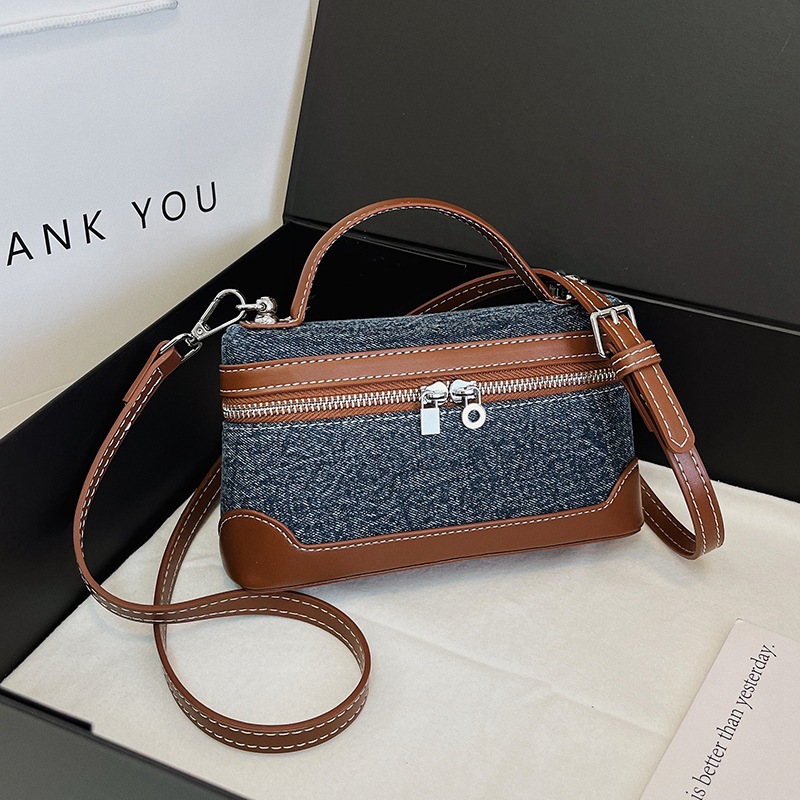 Denim Color Blocked Hand-Held Small Square Bag, Women's New Retro Fashion Casual Shoulder Crossbody Bag