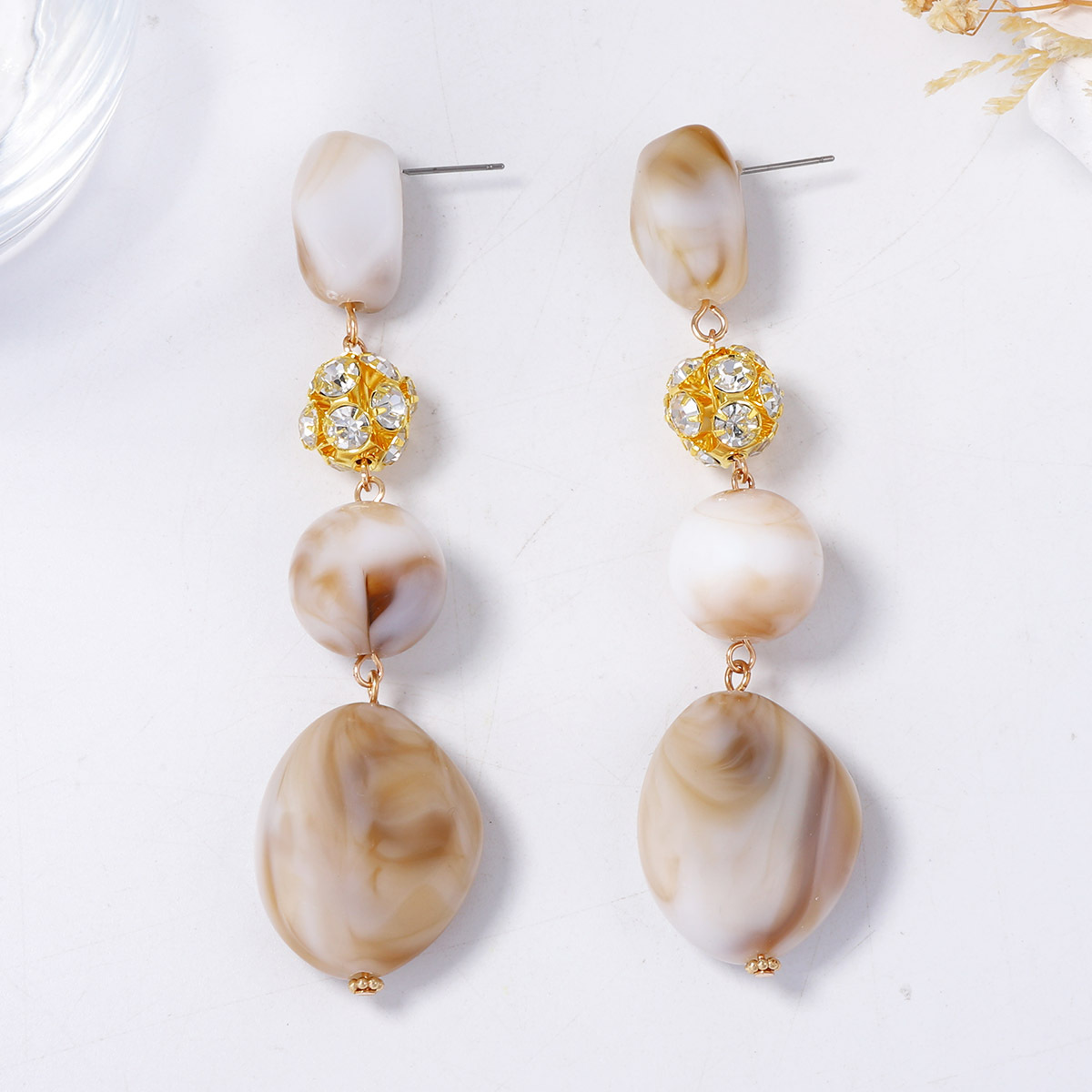 European and American Style Minimalist Retro Geometric Plastic Bead Micro Inlaid Rhinestone Long Tassel Earrings